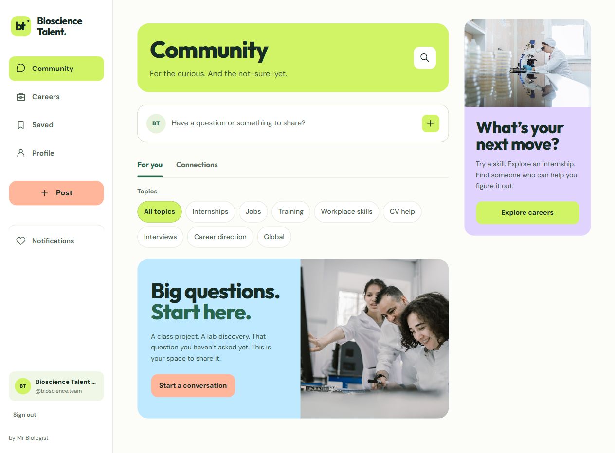 Bioscience Talent community interface with life-science discussions and career topics