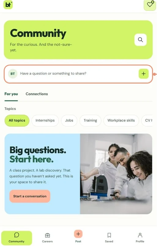 Bioscience Talent web app community screen